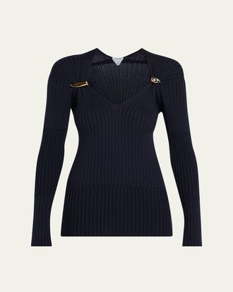 Bottega Veneta Claw Embellished Cashmere-Silk Rib Sweater