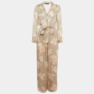 Emporio Armani Beige Floral Printed Silk Belted Jumpsuit