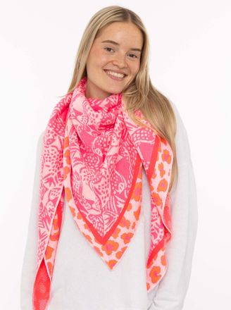 Zwillingsherz Dreieckstuch ZWILLINGSHERZ Angry Leo, Damen, orange pink beige, Strick, Baumwollmischung, Animalmuster, Modet&uuml;cher Dreieckstuch, Leopardmuster, Strick