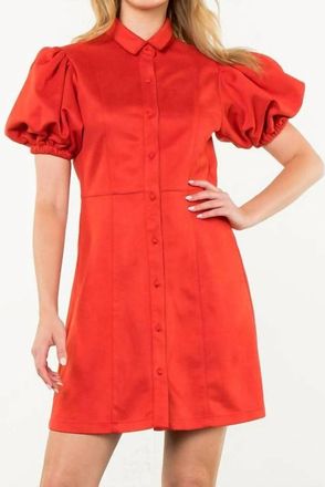THML Clothing Faux Suede Puff Sleeve Dress In Red