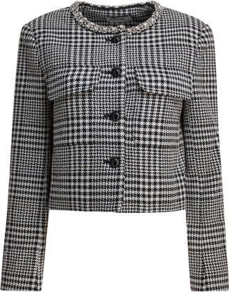 Self Portrait Zwarte Houndstooth Crystal Trim Jas - Dames - Blazers - Zwart - M - Wol - Jassen