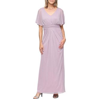 S.L. Fashions Glitter Flutter Sleeve Mesh Gown in Mauve at Nordstrom, Size 14