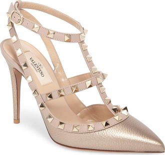 Valentino Garavani Rockstud Pointed Toe T-Strap Pump in Metallic Gold at Nordstrom, Size 41
