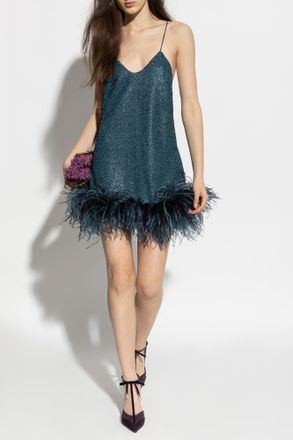 Os&eacute;ree Dress With Lurex Thread And Feathers, Womens, Green