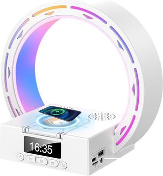 OEM L&aacute;mpara De Mesilla Inal&aacute;mbrica Con Altavoz Bluetooth, Luz Led 5 En 1 Y Reloj Despertador Digital Para Dormitorio Y Oficina