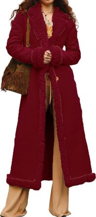 Generic Long Winter Coats for Women Faux Suede Leather Shearing Jacket Fuzzy Sherpa Lined Trench Coat Business Casual Overcoat (Wine Red,S)