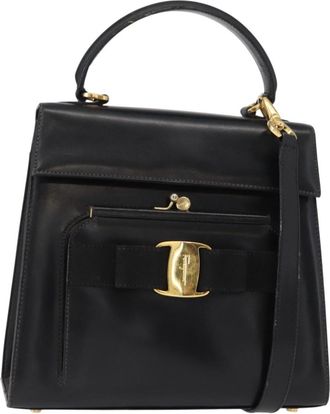 Ferragamo Vintage Vara Bow Top Handle Leather Black Leather Handbag (Pre-Owned)