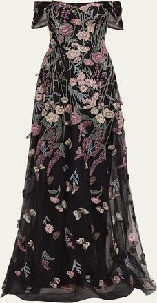Teri Jon Off-Shoulder Embroidered Tulle Gown