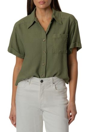 Kut from the Kloth Aida Linen Blend Short Sleeve Button-Up Top in Olive at Nordstrom, Size X-Small