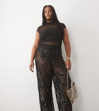 Tfnc Plus pantaloni wide leg in rete con paillettes neri-Nero