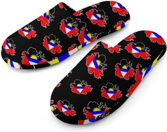 Generic Flag of Barbuda Map Mens Cotton Slippers Memory Foam Comfort House Shoes Winter Indoor Slipper for Hotel Casa Spa