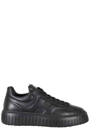 Hogan Black H Stripes Smooth Leather Rubber Sole Leather Sneakers