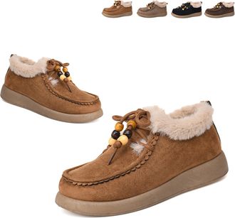 Generic Fashion Beaded Lace Up Comfort Round Toe Warm Cotton Shoes Womens Suede Platform Loafers with Fur Lined Anti-Slip Soft Sole Daily Work Walking Shoes (