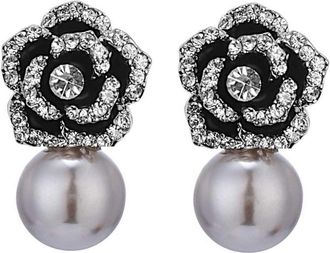 Liv Oliver 18K Gold Black Rose Embellished Pearl Drop Earrings