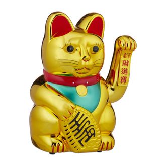 Relaxdays Gatto Cinese Portafortuna Con Zampa Mobile, A Batteria, Maneki Neko, Talismano Successo & Ricchezza, 48cm, Oro - Relaxdays