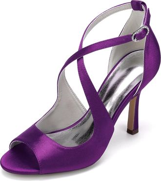 Generic Wedding Bridal Shoes Women Pumps Peep Satin Open Toe Strap Stiletto High Heel Dress Shoes Pumps Office Party Wedding9.5Cm,Dark Purple,10 UK