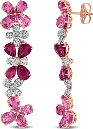 Mimi & Max 12 1/10ct TGW Pink Red Tourmaline 1 1/4ct TW Diamond Floral Earrings 14k Rose Gold