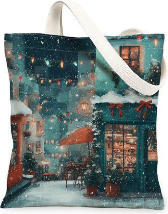 Generic Winter Scene Canvas Tote Bags, Festive Holiday Pattern Reusable Shopping Bags, Vintage Lightweight Washable Shoulder Strap, Multi-color, 13x15 Inch