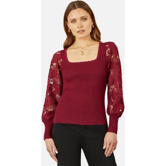 Yumi Ribbed Knitted Lace Sleeve Sweater in Burgundy at Nordstrom, Size Medium