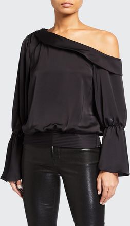 Ramy Brook Sammy One-Shoulder Flare-Sleeve Satin Top
