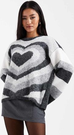 Pieces Maglione oversize bianco e grigio con stampa di cuori