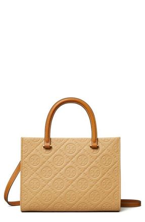 Tory Burch T Monogram Pebble Leather Square Tote in Biscotti at Nordstrom