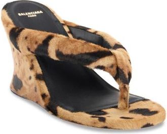 Balenciaga Gaeta Genuine Calf Hair Wedge Thong Sandal in Beige/Black Print Calf Hair at Nordstrom, Size 10Us