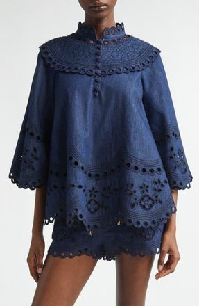 Zimmermann Mahon Broderie Anglaise Denim Cape Top in Ink at Nordstrom, Size 0P