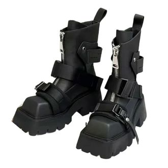 Generic QXDZSW Ankle Boots Women Zip Belt Buckle Strap Design Motorcycle Boots Thick Bottom Non-Slip Platform Black