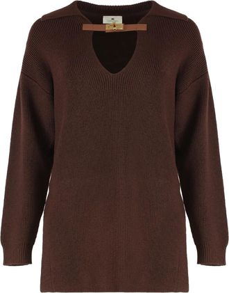 Elisabetta Franchi Wollen trui met juwelen band - Dames - V-hals truien - Bruin - S - Wol - Truien & Vesten
