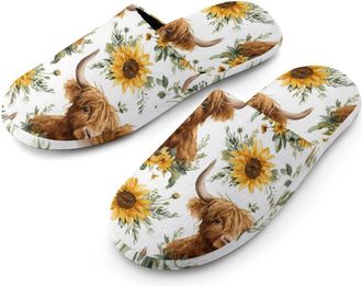 Generic Watercolor Highland Cows Sunflowers Flannel Mens Slip-on Slippers Winter Warm House Shoes with Rubber Sole for Home Hotel