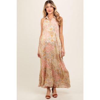 Pinkblush Floral Sleeveless Button Tiered Collared Maxi Dress in Peach at Nordstrom, Size Medium