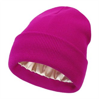 Generic Womens Winter Warm Satin Lined Knit Beanie Hat Slouchy Skull Caps Silk Lining Ski Hats for Women