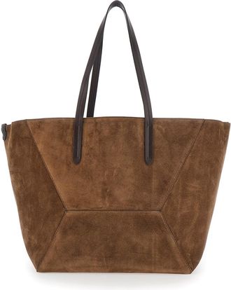 Brunello Cucinelli Womens Tote Bag Duo Brown Suede Leather