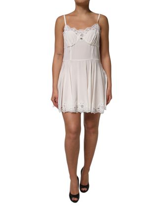 Dolce & Gabbana White Lace Gold DG Logo Silk Dress Womens Sleepwear