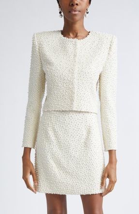 Carolina Herrera Faux Pearl Embellished Crop Jacket in Ivory at Nordstrom, Size 14