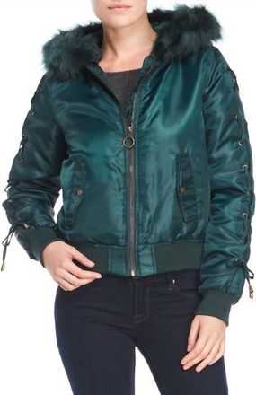 Kensie Puffer Winter Crop Faux Fur Lace Up Jacket In Green