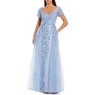 Mac Duggal Beaded Embroidered Overskirt Cap Sleeve Gown in Powder Blue at Nordstrom, Size 14
