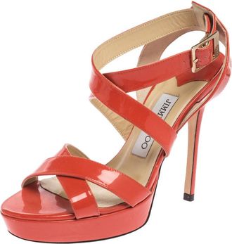 Jimmy Choo London Orange Patent Leather Ankle Strap Sandals