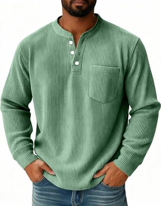 Generic Corduroy shirts Henley collar Mens Waffle Sweatshirt with Pocket V-Neck Button Up Flap Pockets Everyday Wear Plain Wrinkle-Free Dark Green L