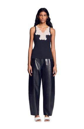 Sandro Ribbed vest top with lace in Black at Nordstrom, Size X-Small