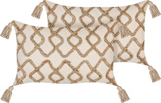 Beliani Conjunto De 2 Cojines De Algod&oacute;n Beige 30 X 50 Cm Patr&oacute;n Geom&eacute;trico Borlas Incana