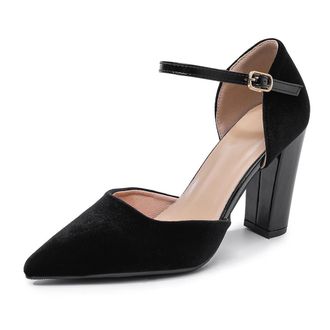 Generic Womens Dress Velvet Ankle Strap High Block Heels Closed Pointed Toe Pumps for Bridal Wedding Evening and Party (Black,7.5)