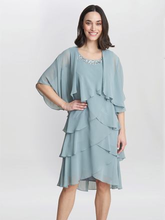 Gina Bacconi Womens Toni Chiffon Tier Jacket Dress With Beaded Neck - Sage Green - Size 12 UK