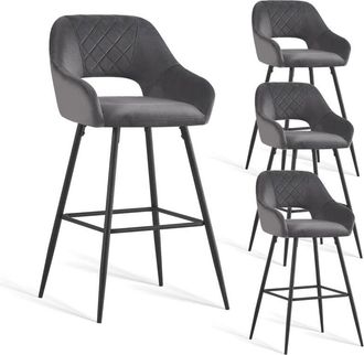 Ainpecca 4pcs Grey Bar Stool Velvet Seat w/Backrest &Armrest Metal Leg Kitchen Breakfast