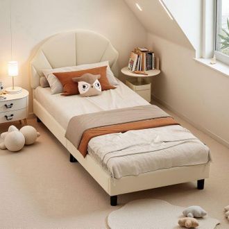 OEM Cama Infantil 90x200 Cm De Terciopelo Beige Con Somier De Lamas Y Cabecero Ajustable
