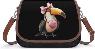 Generic Toucan Wearing Pearl Necklace Crossbody Bag Womens Handbag PU Message Bags Shoulder Purse with Adjustable Strap