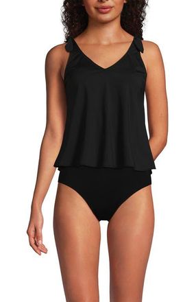 Lands End D-Cup Chlorine Resistant V-neck Shoulder Tie Flutter Tankini Swimsuit Top in Black at Nordstrom, Size 14