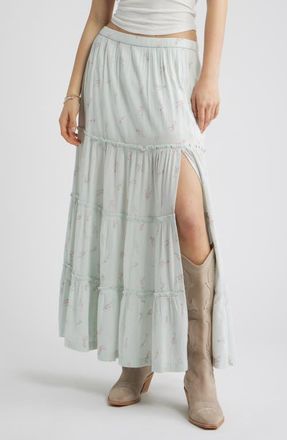 BP. Tiered Linen Blend Crinkled Gauze Maxi Skirt in Green Cherie Blossom at Nordstrom, Size Xx-Small