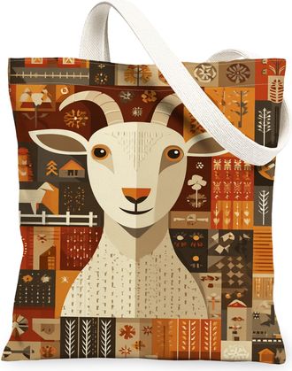 Generic Autumn Goat Canvas Tote Bags, Rustic Farm Animal Pattern Reusable Grocery Bags, Vintage Art Lightweight Washable Shoulder S, Brown, 13x15 Inch